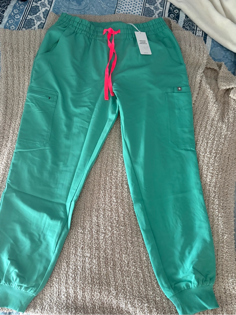 Figs Women's Teal Jogger Scrub Pants with Hot Pink Drawstring
